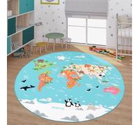 TT Home Tapis pour Enfants, Tapis de Jeu pour Chambres d'enfants, Carte du Monde avec Animaux, en Vert, Dimension:Ø 160 cm Rond
