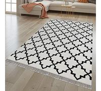 TT Home Tapis Salon Design Oriental Tissé Main avec Franges Laine Coton Blanc, Dimension:160x230 cm