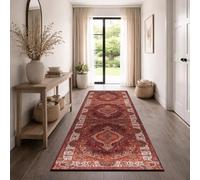 TT Home Tapis Vintage Salon Poil Court Classique Antiderapant Resistant Poil Doux Facile Entretien Oriental Retro Salle A Manger Lavable, Couleur:Rouge-Orange, Dimension:80x300 cm