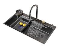 TT-YEC Évier de cuisine à cuve simple, en acier inoxydable 304 avec robinet extractible et imitation cascade, évier sous comptoir à barre noire, évier caché, 80 x 45 cm (L x l)