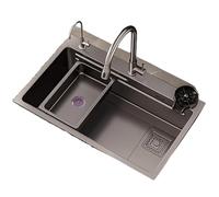 TT-YEC Évier de cuisine en acier inoxydable noir/gris, évier de cuisine simple sous comptoir avec planche à découper et bac étagé, robinet extractible, convient pour comptoir de bar et restaurant