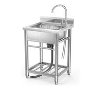 TT-YEC Évier De Restaurant Commercial, Évier De Comptoir À Une Cuve, Évier En Acier Inoxydable Avec Robinet Chaud Et Froid, Ensemble De Tuyaux Et De Vidange Avec Support De Rangement