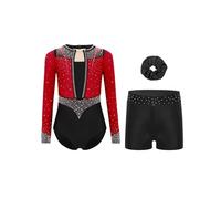 TTAO 3 Pièces Ensemble Gymnastique Enfant Fille Justaucorps Strass avec Shorts et Elastique Chouchou Tenue Patinage Artistique Danse Spectacle 6-16 Ans Bordeaux Noir 15-16 ans