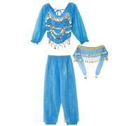 TTAO 3PCS Ensemble Danse du Ventre Costume Paillette Orientale Manches Longues Enfants Filles Haut et Pantalon Danse Hanche Écharpe Foulard Costumes Carnaval 3-12 Ans Bleu Ciel A 7-9 Ans