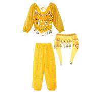 TTAO 3PCS Ensemble Danse du Ventre Costume Paillette Orientale Manches Longues Enfants Filles Haut et Pantalon Danse Hanche Écharpe Foulard Costumes Carnaval 3-12 Ans Jaune A 9-12 Ans