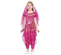 TTAO 4PCS Ensembles de Danse Orientale Costume Paillettes Enfants Filles Haut de Danse Pantalon Hanche Écharpe Foulard Tenues de Danse du Ventre 2-12 Ans Rose Vif 5-7 Ans