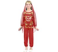 TTAO 4PCS Filles Ensembles Danse du Ventre Orientale Costume Paillettes Manches Longues Haut de Danse Pantalon Hanche Écharpe Foulard Tenue Performance 5-14 Ans Rouge B 11-12 Ans