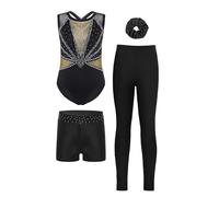 TTAO 4Pcs Tenue Gymnastique Fille Enfant Justaucorps Strass Legging Short Chouchou Ensemble Gym Tenue Patinage Danse Costume Spectacle Or noir 7-8 ans