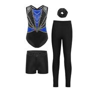 TTAO 4Pcs Tenue Gymnastique Fille Enfant Justaucorps Strass Legging Short Chouchou Ensemble Gym Tenue Patinage Danse Costume Spectacle Bleu 13-14 ans
