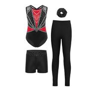 TTAO 4Pcs Tenue Gymnastique Fille Enfant Justaucorps Strass Legging Short Chouchou Ensemble Gym Tenue Patinage Danse Costume Spectacle Rouge 5-6 ans
