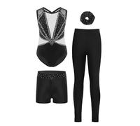 TTAO 4Pcs Tenue Gymnastique Fille Enfant Justaucorps Strass Legging Short Chouchou Ensemble Gym Tenue Patinage Danse Costume Spectacle Blanc 5-6 ans