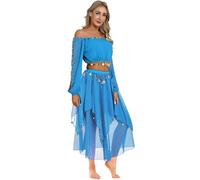 TTAO Costume Danse du Ventre Femme Robe Danse Orientale Haut de Dance Classique Manche Longue et Pantalon Déguisement Indienne Princesse Costume Carnaval Halloween Bleu Ciel Taille Unique