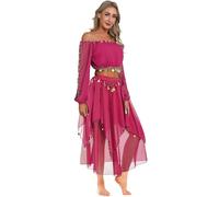 TTAO Costume Danse du Ventre Femme Robe Danse Orientale Haut de Dance Classique Manche Longue et Pantalon Déguisement Indienne Princesse Costume Carnaval Halloween Rose Vif Taille Unique