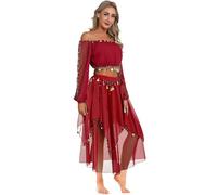 TTAO Costume Danse du Ventre Femme Robe Danse Orientale Haut de Danse Classique Manche Longue et Pantalon Déguisement Indienne Princesse Costume Carnaval Halloween Rouge Taille Unique