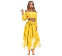 TTAO Costume Danse du Ventre Femme Robe Danse Orientale Haut de Danse Classique Manche Longue et Pantalon Déguisement Indienne Princesse Costume Carnaval Halloween Jaune Taille Unique