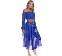 TTAO Costume Danse du Ventre Femme Robe Danse Orientale Haut de Danse Classique Manche Longue et Pantalon Déguisement Indienne Princesse Costume Carnaval Halloween Bleu Royal Taille Unique