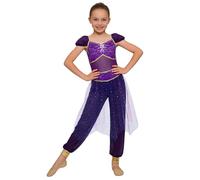 TTAO Costume de Princesse Arabe Enfant Fille Déguisement de Princesse Arabian Costume Belly Dance Tulle Paillette Combinaison Cosplay Carnaval Halloween Violet 11-12 ans