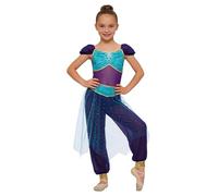 TTAO Costume de Princesse Arabe Enfant Fille Déguisement de Princesse Arabian Costume Belly Dance Tulle Paillette Combinaison Cosplay Carnaval Halloween Bleu 5-6 ans