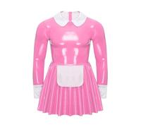 TTAO Costume Soubrette Homme Cuir Manches Longues Robe de Chambre avec Tablier Tenue Maid Gay Travesti Sexy Sissy Lingerie Uniforme Serveuse Clubwear L-4XL Rose XL