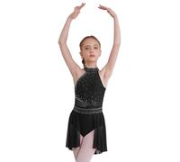 TTAO Enfant Fille Justaucorps Gymnastique Classique Tutu Tulle Robe Ballet Danse Asymétrique Robe de Patinage Artistique Léotard Ballet Latine Jazz Tango Dancewear Noir E 11-12 Ans