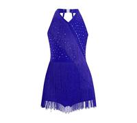 TTAO Enfant Fille Justaucorps Gymnastique Paillette Robe de Danse Latine Frangé sans Manches Robe Danse Latine Jazz Rumba Salsa Valse Tango Costume Spectacle 5-16 Ans Bleu 9-10 Ans