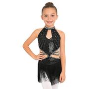 TTAO Enfant Fille Justaucorps Gymnastique Paillette Robe de Danse Latine Frangé sans Manches Robe Danse Latine Jazz Rumba Salsa Valse Tango Costume Spectacle 5-16 Ans Noir B 11-12 Ans