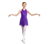TTAO Enfant Fille Justaucorps Gymnastique Paillette Robe de Danse Latine Frangé sans Manches Robe Danse Latine Jazz Rumba Salsa Valse Tango Costume Spectacle 5-16 Ans Violet A 7-8 Ans