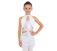 TTAO Enfant Fille Justaucorps Gymnastique Paillette Robe de Danse Latine Frangé sans Manches Robe Danse Latine Jazz Rumba Salsa Valse Tango Costume Spectacle 5-16 Ans Blanc B 9-10 Ans