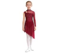 TTAO Enfant Fille Robe Ballet Danse Classique Asymétrique Une Manche Longue Justaucorps Gymnastique Dentelle Léotard Jazz Latine Robe Sport Patinage Dancewear 5-16 Ans Bourgogne F 11-12 Ans
