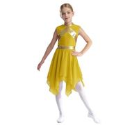 TTAO Enfant Fille Robe Danse Liturgique Asymétrique Robe Danse Lyrique Métallique sans Manches Robes de Danse Prière Brillante Tenue Soirée Cérémonie Fête 5-16 Ans Jaune 13-14 Ans