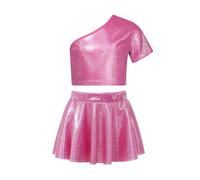 TTAO Enfant Fille Robe de Danse Ballet Classique Tutu à Paillettes Top Haut de Danse et Tulle Jupe Ensemble Robe Latine Jazz Pom-Pom Girls Performance 6-16 Ans Rose Vif G 15-16 Ans