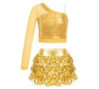TTAO Enfant Fille Robe de Danse Ballet Classique Tutu à Paillettes Top Haut de Danse et Tulle Jupe Ensemble Robe Latine Jazz Pom-Pom Girls Performance 6-16 Ans Or C 13-14 Ans