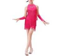 TTAO Enfant Fille Robe de Danse Latine Strass Franges Bandage Robe Salsa Samba Rumba Tango Jazz et Short de Danse Ensemble Performance 5-14 Ans Rose Vif B 13-14 Ans