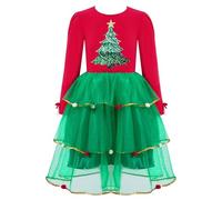 TTAO Enfant Fille Robe de Noël à Manches Longues Tulle Robe Princesse Soirée Imprimé Sapin de Noël Robe Santa Fête 4-16 Ans Rouge 7-8 Ans