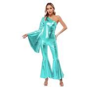 TTAO Femme Déguisement Disco Années 70 Combinaison de Danse 80s Une Manches Longues Tenue Hippie Métallique Brillante Costume Halloween Carnaval Fête Clubwear S-3XL Bleu vert XL