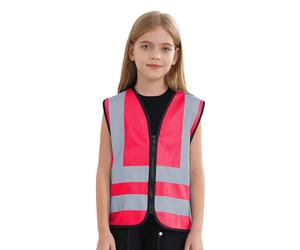 TTAO Garçon Fille Gilet de Sécurité de Haute Visibilité Gilet Réfléchissant Zippée sans Manche Veste Jaune Voiture Gilets de Travail Gilets d'activité Bénévole 3-12 Ans Un rose chaud 7-10 ans