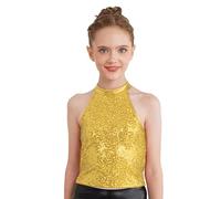 TTAO Haut Danse Paillettes Enfant Fille Crop Top Danse Latine Moderne Jazz Débardeur Gymnastique Dos Nu Col Ronde Gilet de Danse Top Danse Hip Hop Dancewear 5-16 Ans Or A 9-10 Ans
