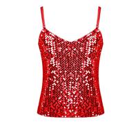 TTAO Haut de Danse Ballet Enfants Filles T-Shirt à Paillettes Brillant Débardeur à Bretelle Ajustable Gilet de Danse Latine Yoga Costume Carnaval Gala Rouge 10-12 Ans