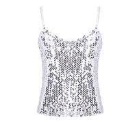 TTAO Haut de Danse Ballet Enfants Filles T-Shirt à Paillettes Brillant Débardeur à Bretelle Ajustable Gilet de Danse Latine Yoga Costume Carnaval Gala Argent 6-8 Ans