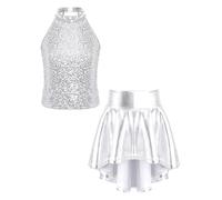 TTAO Robe Danse Jazz Fille Enfant Justaucorps Gymnastique à Paillettes Crop Top Haut de Danse et Jupe Ensemble Robe Danse Latine Jazz Hip-hop Costume Spectacle 5-16 Ans Argenté 9-10 Ans