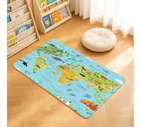 TTBAoDAoY Tapis de Porte Paillasson 40x60cm Interieur et Extérieur Antidérapant Absorbant, Carte du Monde illustrée en Style Dessin animé avec des Animaux et des Monuments célèbres