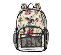 Ttgoth Old School Tattoo Sac à dos transparent robuste approuvé par les stades Sac à dos transparent avec plusieurs poches pour l'école, la sécurité, le travail et les voyages