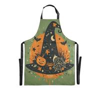 Ttgoth Tablier de chef avec chapeau de sorcière d'Halloween pour homme et femme | Tablier de cuisine avec col réglable et grandes poches pour cuisine, pâtisserie, café, jardinage