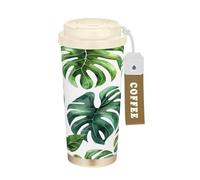 Ttgoth Tasse à café en forme de feuilles de palmier avec couvercle à paille étanche - 500 ml - Isotherme en acier inoxydable - Tasse de voyage à double paroi pour boissons chaudes et glacées