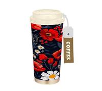 Ttgoth Tasse à café en forme de fleur de coquelicot avec couvercle à paille étanche 500 ml isotherme en acier inoxydable pour boissons chaudes et glacées
