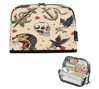 Ttgoth Trousse à crayons debout Old School Tattoo Grande capacité Trousse pliable Sac à crayons Portable Papeterie Organisateur de Rangement pour Bureau École Fournitures de bureau, 21 x 5 x 15 cm