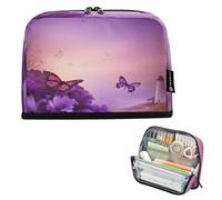 Ttgoth Trousse à crayons sur pied avec fleur et papillon - Grande capacité - Pliable - Portable - Organiseur de rangement pour bureau, école, fournitures de bureau, 21 x 5 x 15 cm