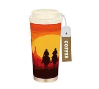 Ttgoth Western Cowboys Tasse à café avec couvercle à paille étanche 500 ml isotherme en acier inoxydable tasse à café à double paroi pour boissons chaudes et glacées