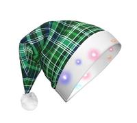 TTIGLHOH Chapeau de Père Noël écossais bleu et vert pour costume de Noël avec lumière LED pour adultes, chapeau de Père Noël pour fête