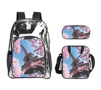 TTIGLHOH Ensemble de 3 sacs transparents imprimés sur la Tour Eiffel de Paris pour enfants, sac à livres transparent avec sac à déjeuner isotherme inclus